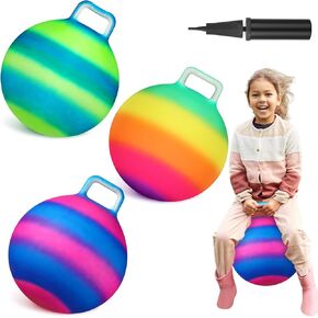 Poen 3 Pcs 18 Inch Hopper Ball Inflatable Bouncy Ball with Handle Hippity Hop Ball PVC Jumping Hopping Ball with 1 Air Pump for Kids Toddler Boys Girls Gifts Games Exercise Ball (Multicolor)