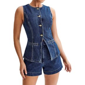 Bowanadacles Woman Summer Casual Long Jean Vest Tops Front Button Slit Slim Denim Waistcoat Crew Neck Sleeveless Packet Top