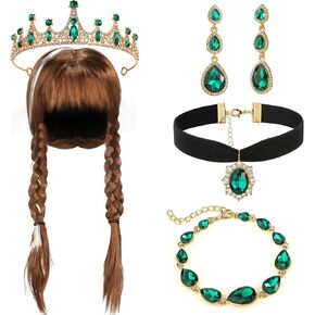 5 Pcs Halloween Costume Accessories Green Rhinestone Set for Women Crystal Queen Tiara Gold Earrings Teardrop Link Bracelet Cosplay Brown Wig Velvet Choker Necklace