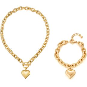 CLASSYZINT Heart Pendant Chain Necklace and Gold Chunky Link Heart Charm Bracelets