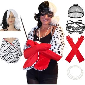 Halloween Deville Costume Women with Wig Black and White Adult Costumes Spotted Coat Jacket with Gloves Accessories
