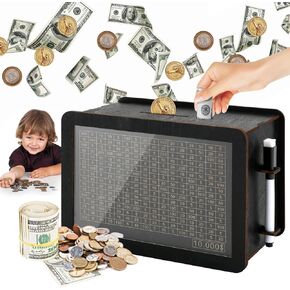 Large Cash Vault Wooden Savings Box, Piggy Bank for Adults Kids, Coin Money Savings Box with Counter Gift for Adults Kids Boys Girl,Money Saving Box,Saving Box (Black $10000)