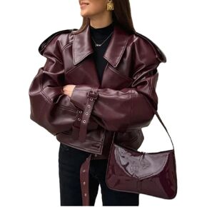 THLAI Womens PU Leather Jacket Long Sleeve Retro Collar Motorcycle Jacket Casual Coat