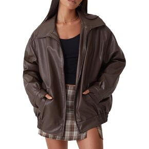 Oversized Leather Jackets for Women Fall Fashion Outfits Faux Leather Motorcycle Bomber Winter Coat Trendy