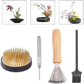 WANDIC Flower Frog Set, 4 Pcs Ikebana Tools Round Flower Holder & Needle Straightening Tool & Cleaning Brushes for Floral Arrangement Art