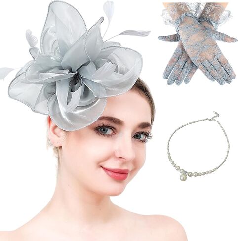 Fascinators Hat Flower Mesh Ribbons Feathers Kentucky Derby Hats Clip Hat Tea Party Headwear with Gloves for Women in Saudi Arabia