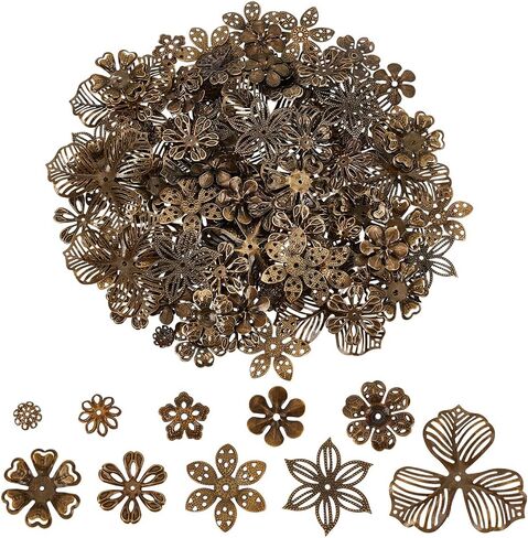 PH PandaHall 200pcs 10 Styles Flower Bead Caps, Large Flower End Cap Brass Multi-Petal Bead Cap Bails End Charm Caps Spacer Beads Jewelry Holder for Earring Bracelet Necklace Craft, Antique Bronze in Saudi Arabia