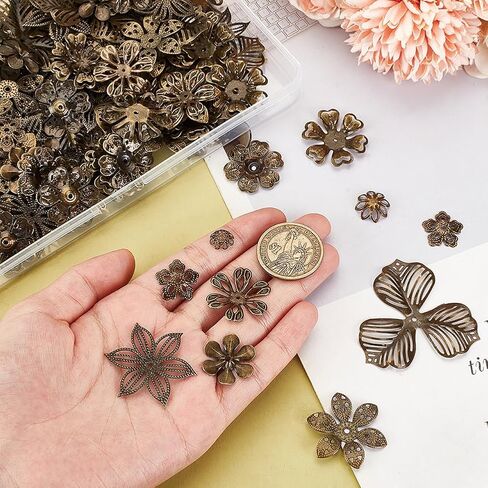 PH PandaHall 200pcs 10 Styles Flower Bead Caps, Large Flower End Cap Brass Multi-Petal Bead Cap Bails End Charm Caps Spacer Beads Jewelry Holder for Earring Bracelet Necklace Craft, Antique Bronze in Saudi Arabia