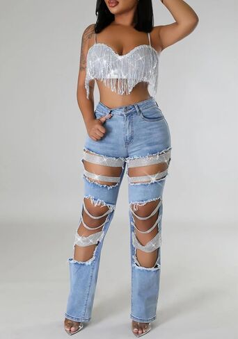 LETSVDO Women's Sexy Ripped Jeans High Waist Distressed Rhinestone Pearl Chains Stretch Denim Pants Clubwear in Kuwait