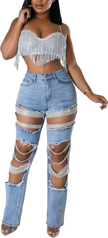 LETSVDO Women's Sexy Ripped Jeans High Waist Distressed Rhinestone Pearl Chains Stretch Denim Pants Clubwear in Kuwait