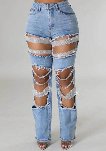 LETSVDO Women's Sexy Ripped Jeans High Waist Distressed Rhinestone Pearl Chains Stretch Denim Pants Clubwear in Kuwait