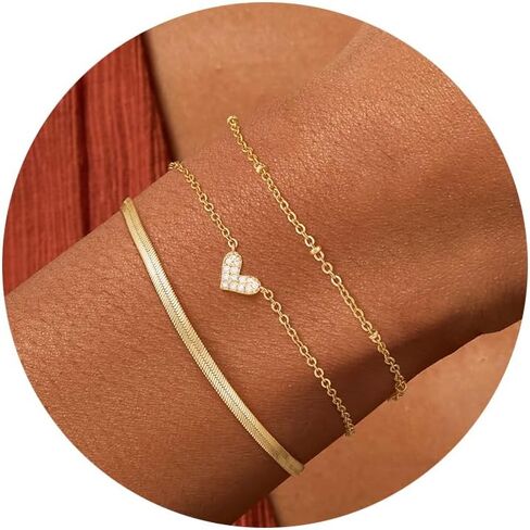 Gold Bracelets for Women, Dainty 14k Gold Plated Heart Snake Bracelet Stack Set Trendy Stackable Cubic Zirconia Charm Diamond Cross Chain Adjustable Gold Bracelets Fashion Jewelry for Women in Saudi Arabia