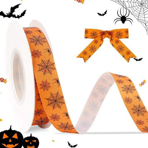 Halloween Ribbon 10 Yards Orange Ribbon 5/8" Grosgrain Ribbon Spider Cobweb Ribbon Halloween Ribbon Thin for Gift Wrapping Crafts DIY Halloween Packaging Ribbon Ribbed Ribbon Halloween Decor in Saudi Arabia