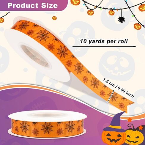 Halloween Ribbon 10 Yards Orange Ribbon 5/8" Grosgrain Ribbon Spider Cobweb Ribbon Halloween Ribbon Thin for Gift Wrapping Crafts DIY Halloween Packaging Ribbon Ribbed Ribbon Halloween Decor in Saudi Arabia