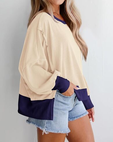 بلوزات نسائية غير رسمية بأكمام طويلة كبيرة الحجم من BTFBM ملابس منسوجة بفتحة جانبية وفتحة جانبية لخريف 2024 بلوفر علوي فضفاض in Saudi Arabia