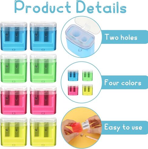 8 Pack Mini Hand Held Pencil Sharpeners, Manual Pencil Sharpeners, Pencil Sharpener with Lid with Cover & Receptacle, Portable Double Hole Handheld Pencil Sharpener, for Office Home, 4 Colors in Saudi Arabia