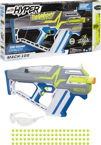 Nerf Hyper Mach-100 Fully Motorized Blaster, 80 Hyper Rounds, Eyewear, Up to 110 FPS Velocity, Easy Reload, Holds Up to 100 Rounds in Saudi Arabia