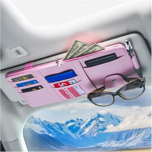 XINLIYA Car Sun Visor Organizer, Leather Storage Pocket Sun Visor Pouch with Zipper for Cards License Registration Pen Glasses Document, Fits Most Car SUV, Auto Interior Accessories (Beige) in Kuwait