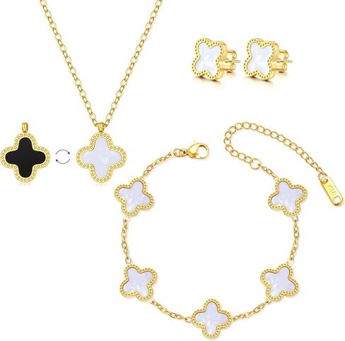 مجموعة مجوهرات Lucky Clover - سوار بأربع أوراق البرسيم مطلي بالذهب عيار 18 قيراط وقلادة وأقراط - مجموعة أساور أنيقة على شكل زهرة، هدايا مجوهرات مثالية للنساء in Saudi Arabia