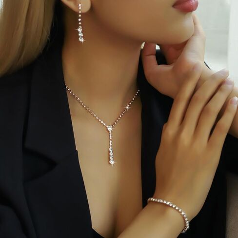 Silver Jewelry Set for Prom,Silver Necklace Earrings Bracelet Crystal Bridal Wedding Prom Dresses Costume Jewelry Accessories Rhinestone Bridal Jewelry Set for Women in Saudi Arabia