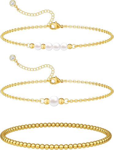 Foxgirl Gold Pearl Beaded Bracelets for Women 14K Gold Plated Bracelets Dainty Flower Bracelets for Women Gold CZ Bracelets Stackable Bracelets for Women Trendy Jewelry for Women Gifts for Her in Saudi Arabia