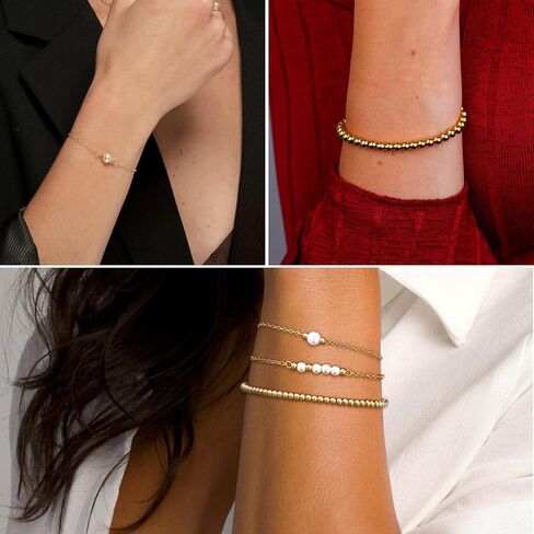 Foxgirl Gold Pearl Beaded Bracelets for Women 14K Gold Plated Bracelets Dainty Flower Bracelets for Women Gold CZ Bracelets Stackable Bracelets for Women Trendy Jewelry for Women Gifts for Her in Saudi Arabia