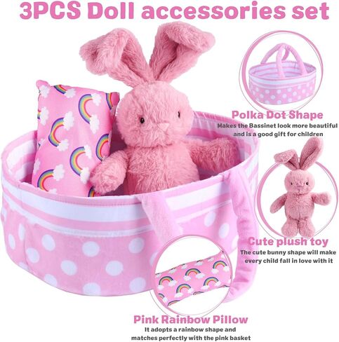 BABESIDE Reborn Baby Doll Bassinet with Handle Foldable Baby Doll Crib Bed Soft Doll Carrier Doll Accessories with Pillow for 10-12 inch Baby Dolls Girls (Pink) in Saudi Arabia