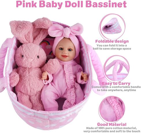 BABESIDE Reborn Baby Doll Bassinet with Handle Foldable Baby Doll Crib Bed Soft Doll Carrier Doll Accessories with Pillow for 10-12 inch Baby Dolls Girls (Pink) in Saudi Arabia