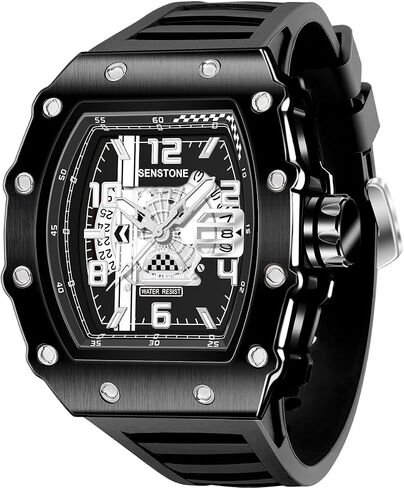 Mens Watches Tonneau Design Analog Unique Sports Quartz Wrist Watch for Men with Luminous Date Calendar Rubber Strap Silicone Band in Saudi Arabia