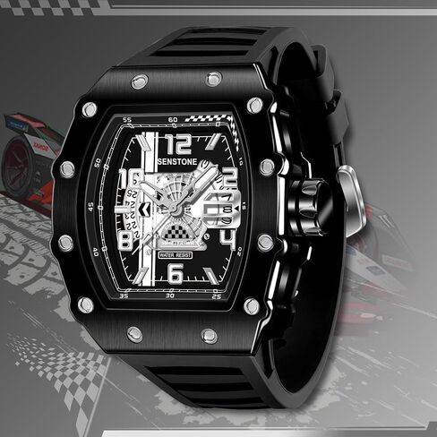 Mens Watches Tonneau Design Analog Unique Sports Quartz Wrist Watch for Men with Luminous Date Calendar Rubber Strap Silicone Band in Saudi Arabia
