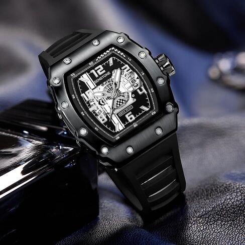 Mens Watches Tonneau Design Analog Unique Sports Quartz Wrist Watch for Men with Luminous Date Calendar Rubber Strap Silicone Band in Saudi Arabia
