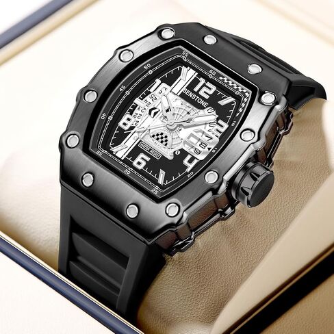 Mens Watches Tonneau Design Analog Unique Sports Quartz Wrist Watch for Men with Luminous Date Calendar Rubber Strap Silicone Band in Saudi Arabia