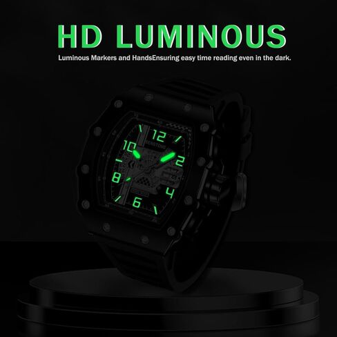 Mens Watches Tonneau Design Analog Unique Sports Quartz Wrist Watch for Men with Luminous Date Calendar Rubber Strap Silicone Band in Saudi Arabia