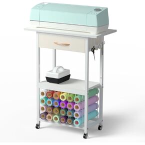 Organizers and Storage Compatible with Cricut Machines, Rolling Craft Storage Cart with Drawer, Craft Table with Vinyl Roll Holders, Crafting Table Organization Workstation with Wheels, White