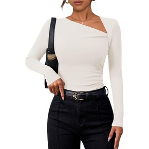 ZESICA Women's Long Sleeve Tops 2024 Fall Asymmetrical Neck Slim Fitted Sexy Y2K Knit Shirts Clothes