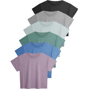 6 Pack Women's Dry Fit Crop Top Short Sleeve Athletic Workout Yoga Running Gym Casual Tees T-Shirts Loose Fit