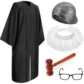 stablerice 5 Pcs Halloween Judge Costume Accessory with Judge Robe False Collar Judge Wooden Gavel Wig Glasses