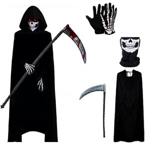 Grim Reaper Costumes Adult Halloween Death Scary Cloak Ghost Hooded Cape Cosplay Outfit Robe Scythe Mask Glove