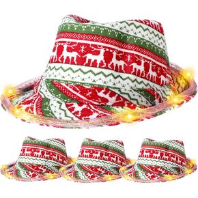 Suhine 4 Pcs Xmas Ugly Sweater Hat with Light Christmas Hat Short Brim Led Elk Hat for Adults Men Women Holiday