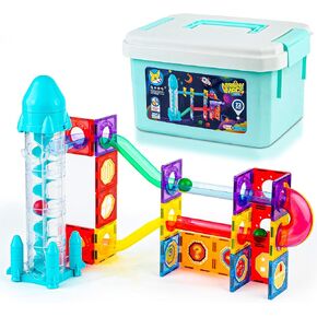 Play Brainy Magnetic Marble Run for Kids Ages 3 & Up - 72-Piece Magnetic Tiles with Rocket Elevator, Space-Themed Magnet Toys for Boys & Girls - STEM Educational Toys Set with Stickers & Storage Case