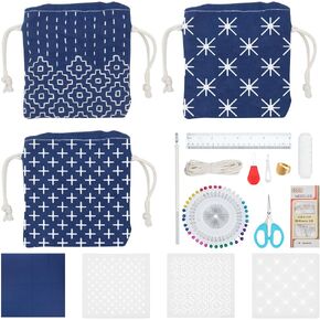 INFUNLY 3 Set Sashiko Drawstring Bag Kit Sashiko DIY Tote Bag Kit Flower Sashiko Fabric Sashiko Kit for Beginners Make Your Own Tote Bag Sashiko Thread and Needles Hand Sewing Kit for Adults