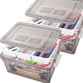 17QT Multipurpose Plastic Storage Organizer Box with Removable Tray, Stackable Craft Organizers and Storage Bins with Lid, Clear Art Storage Container for Organizing Playdoh, Crayon (Clear)