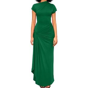 YMDUCH Women's Casual Short Sleeve Boat Neck Ruched High Split Bodycon Long Party Dress