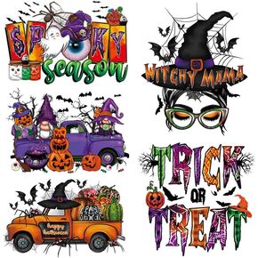 Halloween Iron On Transfers Patches Skeleton Iron-On Patches for Clothing Witch Pumpkin Car Truck Iron On Stickers Appliques Washable Iron Heat Vinyl Transfer for T-Shirts Clothing Hat Bags 5 Sheets