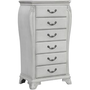 Benjara Api 48 Inch Jewelry Chest, 6 Drawers, Drop Handles, Carved, Mist Gray