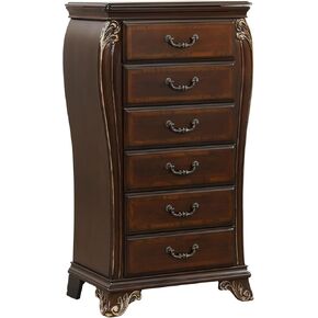 Benjara Cali 48 Inch Jewelry Chest, 6 Drawers, Drop Handles, Carved, Cherry, Brown and Gold