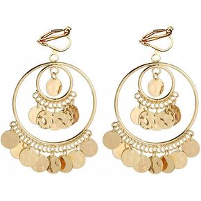 Clip On Boho Disc Tassel Long Dangle Drop Earrings for Women Non Pierced Ear Fake Stud Fashion Round Coin Hollow Circle Moon Shaped Big Dangling Hypoallergenic Jewelry Christmas Gift