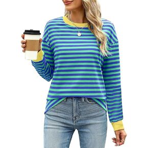 MAYAMANG Womens Long Sleeve Striped Shirts Crewneck Tunic Tops Casual Basic Tops