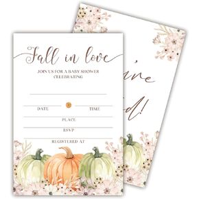25 Set Double Print Baby Shower Invitation Cards(4"x6")-Fall In Love Autumn Card-Thanksgiving Watercolor Pumpkin Invitation Card With Envelope-Baby Gender Announcement-A01