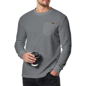 Men's Long Sleeve Shirt Casual Crewneck Lightweight Sweater Honeycomb Waffle Solid Knitted T Shirts with Pocket